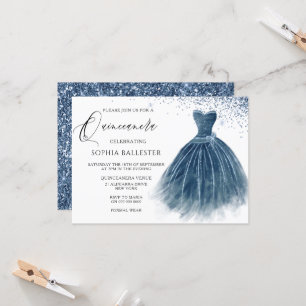 Navy Indigo Glitter Dress Gown Quinceanera Party Inbjudningar