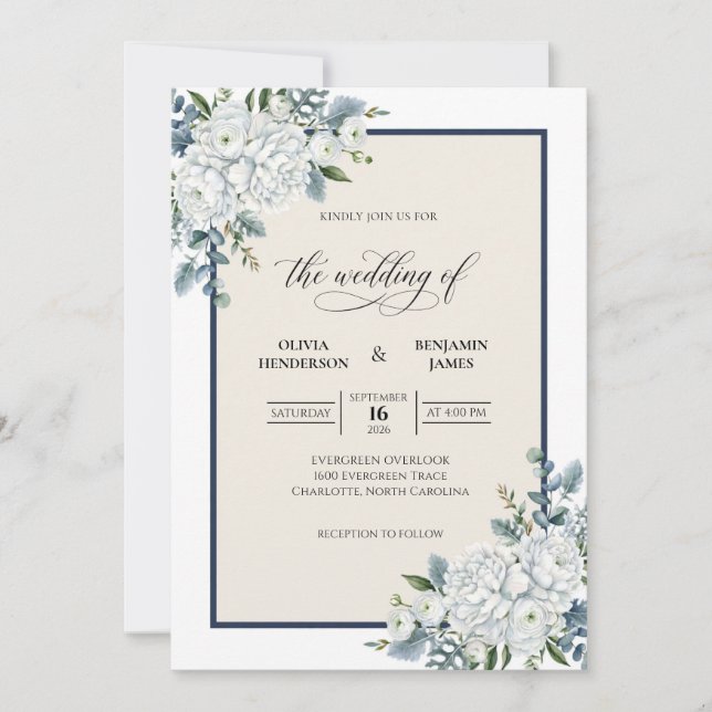 Navy Ivory Hortensia Eukalyptus Bröllop Inbjudningar (Framsida)