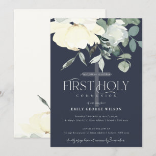 NAVY IVORY WHITE AQUA BLOMMIGT FÖRST HELIGA COMMUN INBJUDNINGAR