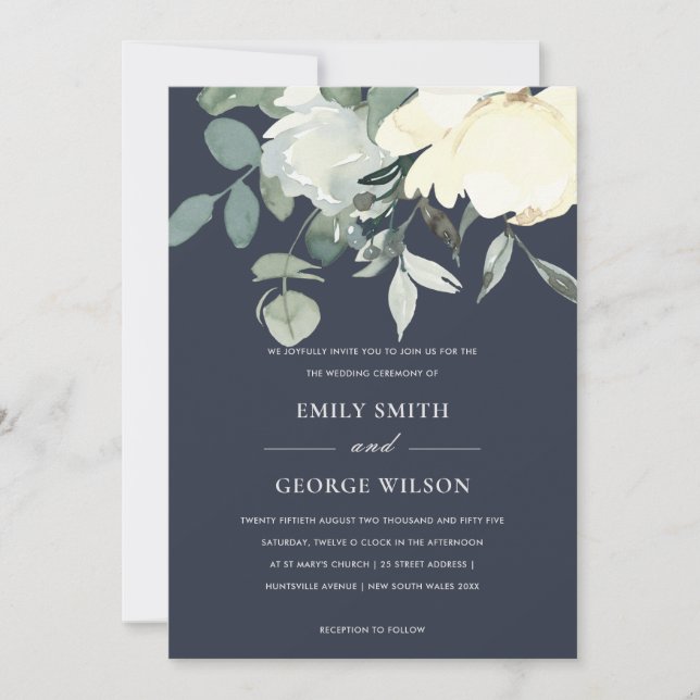 NAVY IVORY WHITE BLOMMIGT WATERCOLOR BUNCH BRÖLLOP INBJUDNINGAR (Framsida)
