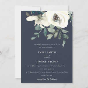 NAVY IVORY WHITE BLOMMIGT WATERCOLOR BUNCH BRÖLLOP INBJUDNINGAR