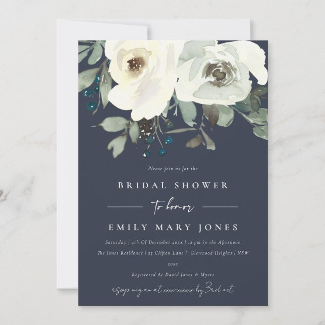 NAVY IVORY WHITE BLOMMIGT WATERCOLOR MÖHIPPA INBJUDNINGAR (Framsida)