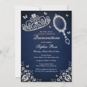 Navy Jewel Tiara Spegelsmyckad Fjäril Quinceanera Inbjudningar