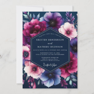 Navy Jewel-Tone Blommig Bröllop Inbjudningar