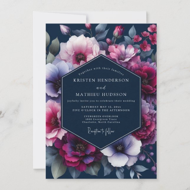 Navy Jewel Tone Flora Bröllop Inbjudningar (Framsida)