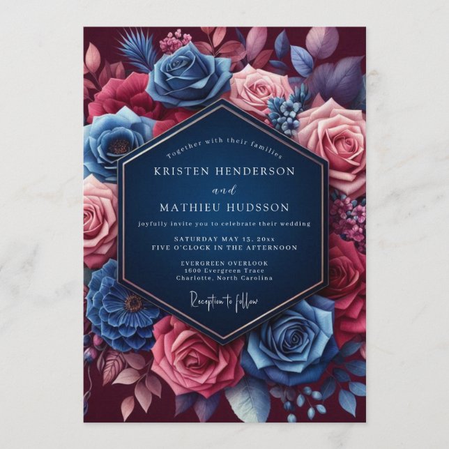 Navy Jeweled Bloom Wedding Inbjudningar (Framsida)