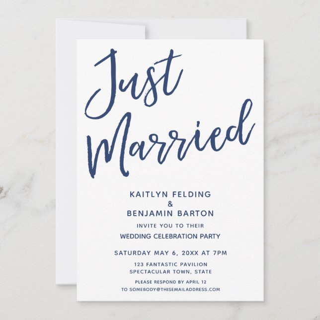 Navy Just Married Casual Modern Mottagning Endast Inbjudningar (Framsida)