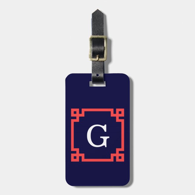 Navy, Korallröd Grekisk Nyckel Ram #2 Init Monogra Bagagebricka (Vertikal Framsida)