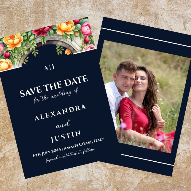 Navy Kräm Blommig Båge Save the Date Foto Inbjudningar (Skapare uppladdad)