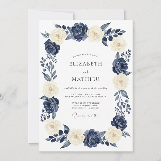 Navy Kräm Elegant Blommig Bröllop Inbjudningar (Framsida)