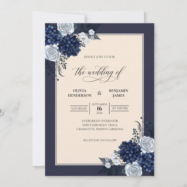 Navy Kräm Hydrangea Eukalyptus Bröllop Inbjudningar (Framsida)