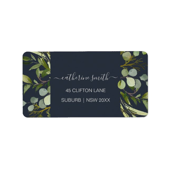 NAVY LEAFY GRÖNT FOLIAGE WATERCOLOR ADRESS ADRESSETIKETT (Framsidan)