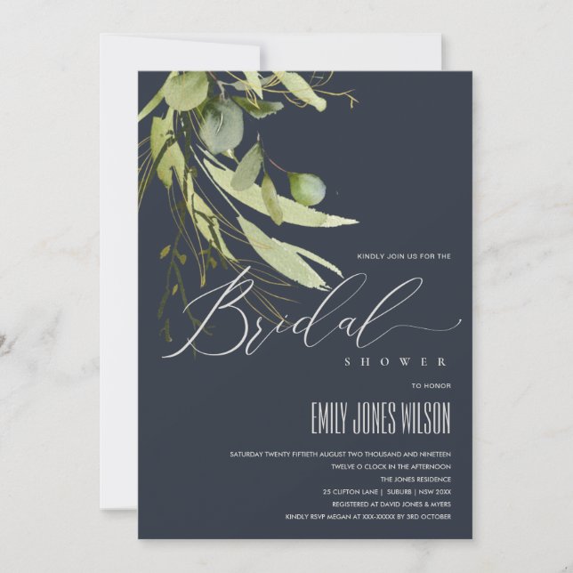 NAVY LEAFY GRÖNT FOLIAGE WATERCOLOR MÖHIPPA INBJUDNINGAR (Framsida)