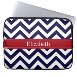 Navy Lg Chevron Cranberry Quatrefoil Namn Monogram Laptop Fodral