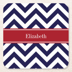 Navy Lg Chevron Cranberry Quatrefoil Namn Monogram Underlägg Papper Kvadrat
