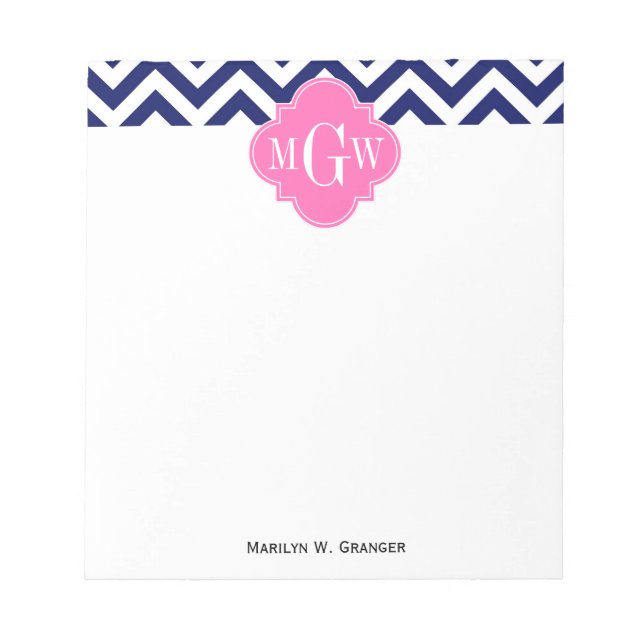 Navy Lg Chevron Hot Rosa #2 Quatrefoil 3 Monogram Anteckningsblock (Framsida)