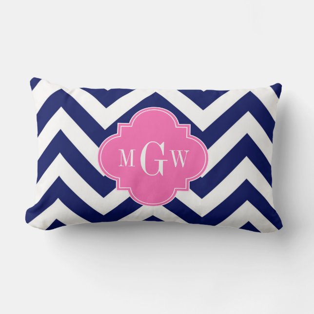 Navy Lg Chevron Hot Rosa #2 Quatrefoil 3 Monogram Lumbarkudde (Framsida)