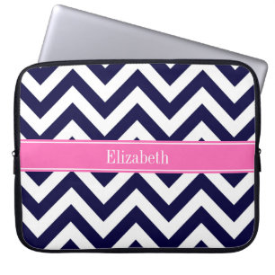 Navy Lg Chevron HotPink2 Fyrbladigt mönster Monogr Laptop Sleeve