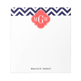 Navy Lg Chevron Korallröd Quatrefoil 3 Monogram Anteckningsblock
