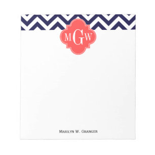 Navy Lg Chevron Korallröd Quatrefoil 3 Monogram Anteckningsblock