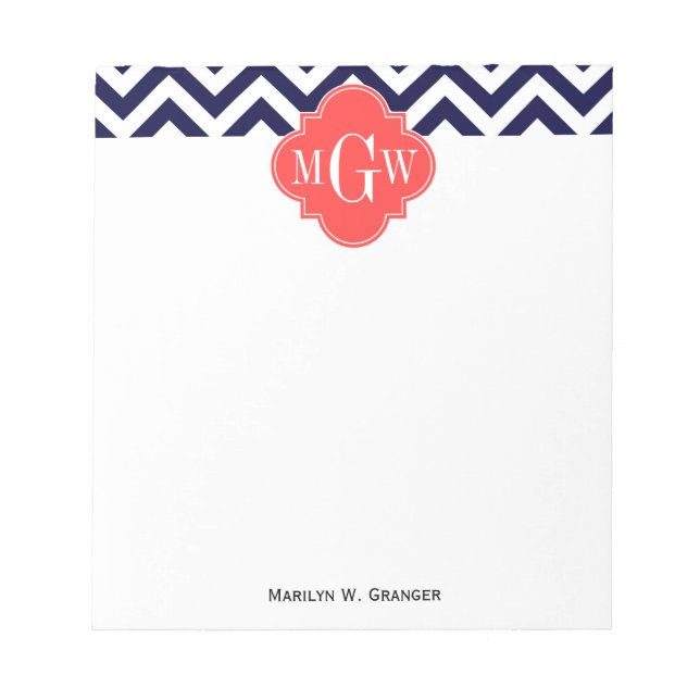 Navy Lg Chevron Korallröd Quatrefoil 3 Monogram Anteckningsblock (Framsida)
