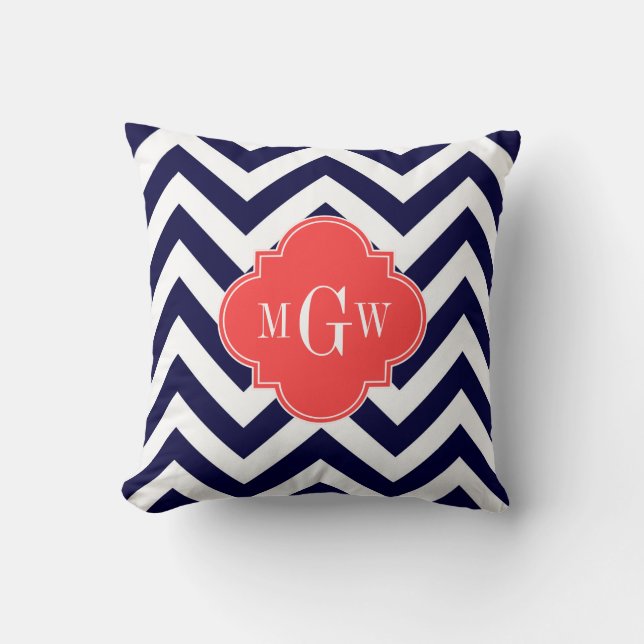 Navy Lg Chevron Korallröd Quatrefoil 3 Monogram Kudde (Framsida)