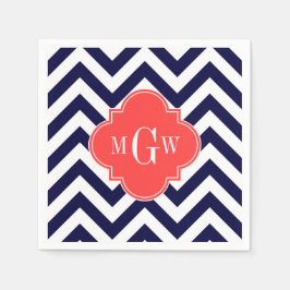 Navy Lg Chevron Korallröd Quatrefoil 3 Monogram Pappersservett