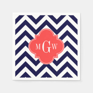 Navy Lg Chevron Korallröd Quatrefoil 3 Monogram Pappersservett