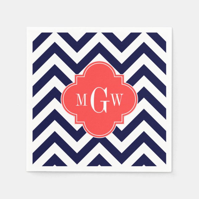 Navy Lg Chevron Korallröd Quatrefoil 3 Monogram Pappersservett (Framsidan)