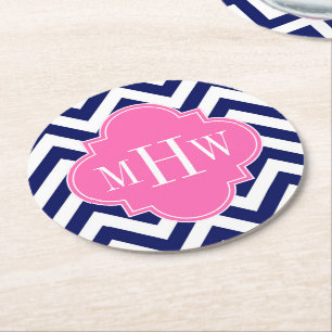Navy Lg Chevron Shock rosa #2 Quatrefoil 3 Monogra Underlägg Papper Rund
