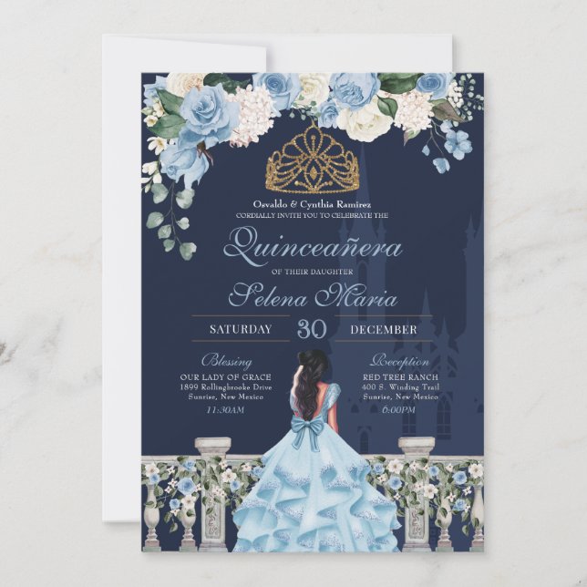 Navy & Light Blue Cinderella Princess Quinceañera Inbjudningar (Framsida)