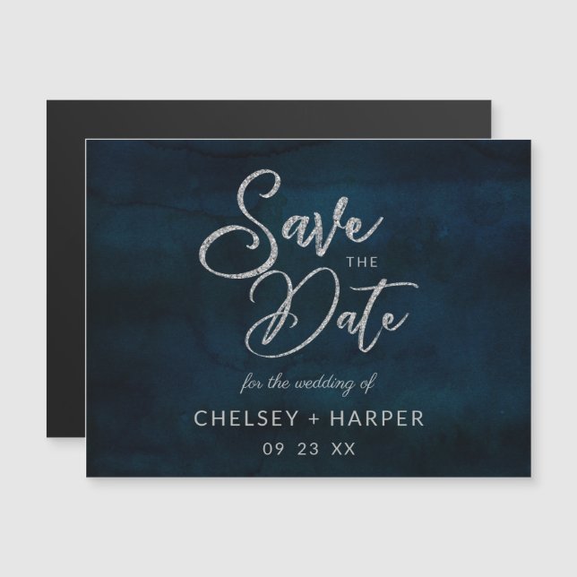 Navy Luster Mörk blått Silver Bröllop spara datum (Fram/baksida)