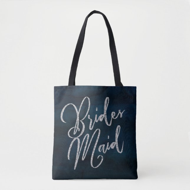 Navy Luster Mörk blått Silver Monogram Bridesmaid Tygkasse (Framsida)