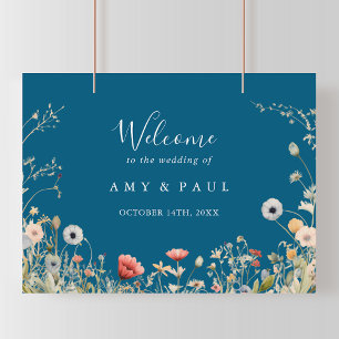 Navy Lycklig Boho Vildblomma Bröllop Välkommen Poster