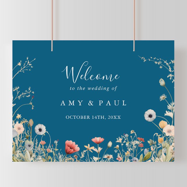 Navy Lycklig Boho Vildblomma Bröllop Välkommen Poster (Skapare uppladdad)