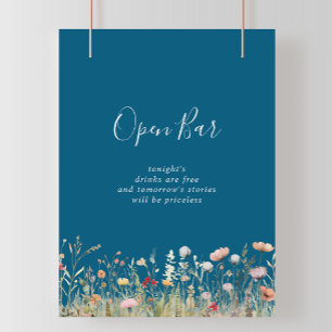 Navy Lycklig Boho Vildblomma Bröllops Öppen Bar Poster