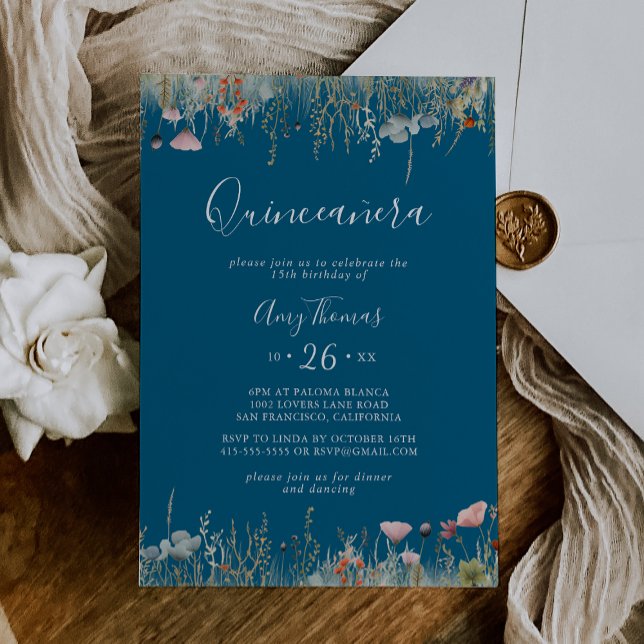 Navy Lycklig Färgrik Boho Vildblomma Quinceañera Inbjudningar (Skapare uppladdad)
