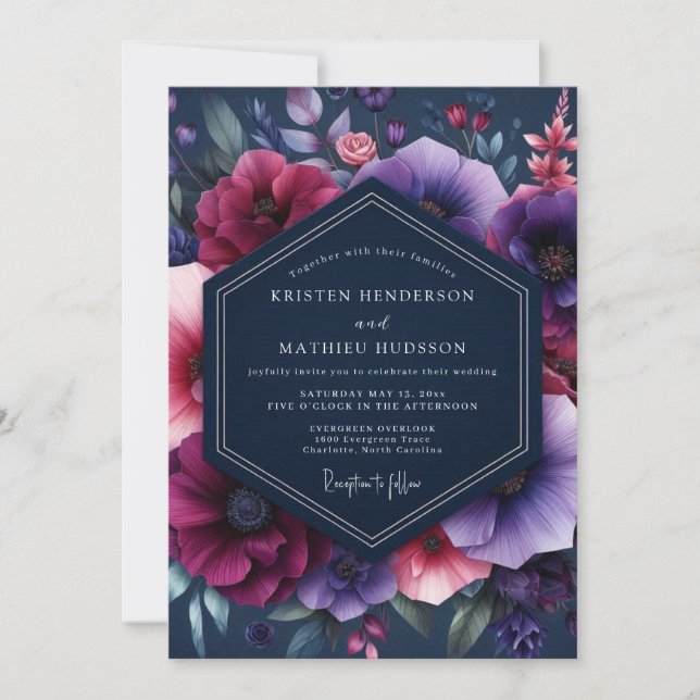 Navy Magenta Dramatisk Bröllopsblomning Inbjudningar (Framsida)