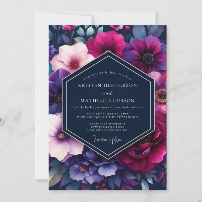 Navy & Magenta Livliga Blommiga Bröllop Inbjudningar (Framsida)