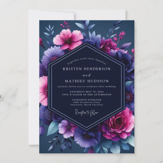 Navy Magenta Luminous Wedding Inbjudningar (Framsida)