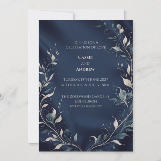 Navy Månljus Botanisk Bröllopsfest Inbjudningar (Framsida)
