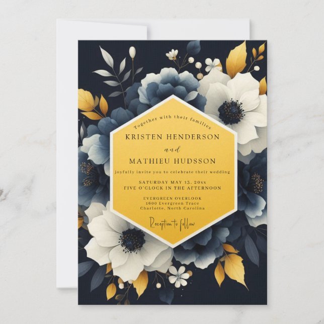Navy Marigold Nattlig Bröllop Inbjudningar (Framsida)