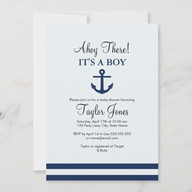 Navy marin ankare baby shower inbjudan (Framsida)