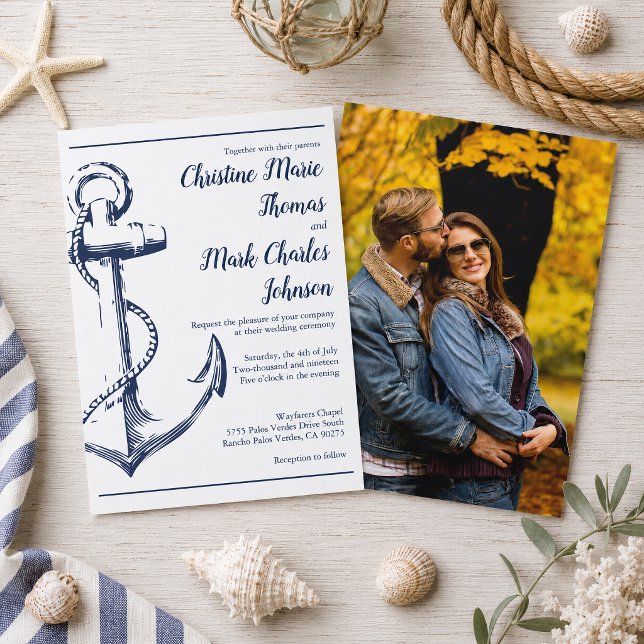 Navy Marin Skiss Ankare Foto Bröllop Inbjudningar (Tie the knot with this navy nautical sketch anchor wedding invitation. )