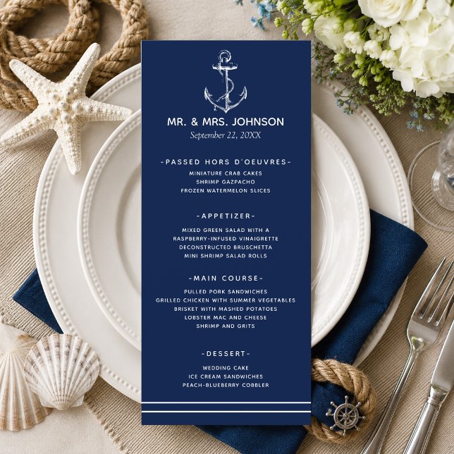 Navy Marin Vit Ankar Sjö Sida Bröllop Meny (A nautical themed menu perfect for beach weddings and weddings by the sea! )