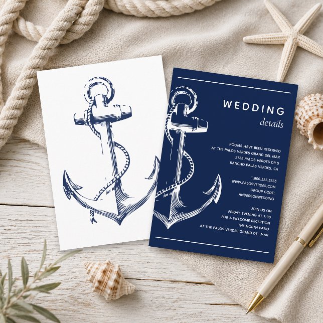 Navy Marin Vit Ankare Bröllopsdetalj Tilläggskort (Tie the knot with this navy nautical sketch anchor wedding stationary. )