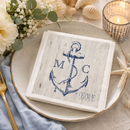 Navy Marin Vit Ankare Rustik Trä Monogram Pappersservett