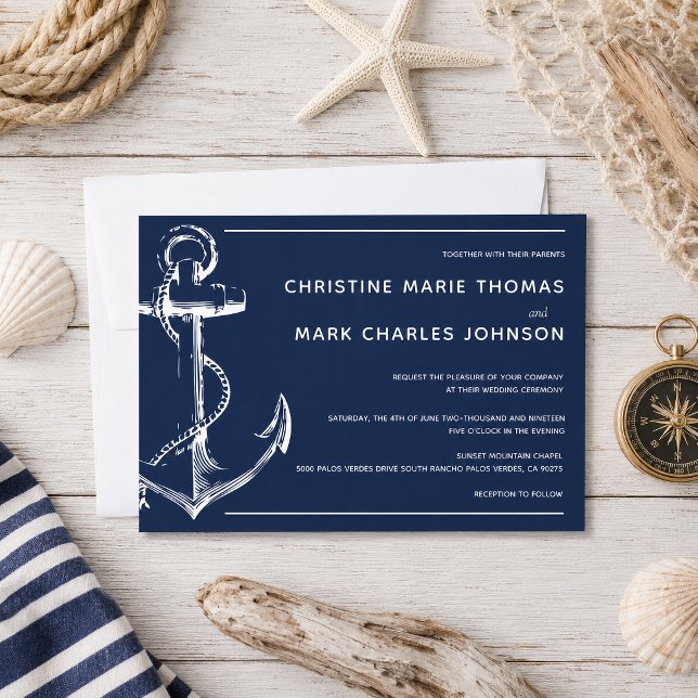 Navy marin vit fartygsankare bröllopsinbjudan (Tie the knot with this navy nautical sketch anchor wedding invitation.)