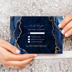 Navy Marmor & Guld Agat Bröllops RSVP Inbjudningar