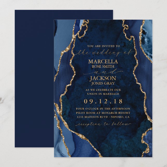 Navy Marmor & Guld Agat Bröllopsinbjudan Inbjudningar (Fram/baksida)